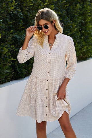 Button Front Vneck Tiered Dress