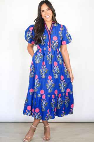 Sky Blue Floral Puff Short Sleeve V Neck High Waist Maxi Dress