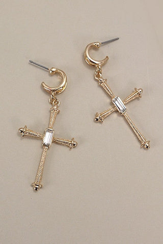 Cross Rhinestone Drop Hoop Earrings