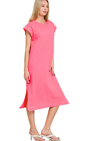Round Neck Short Sleeve Midi Dress | S-XL