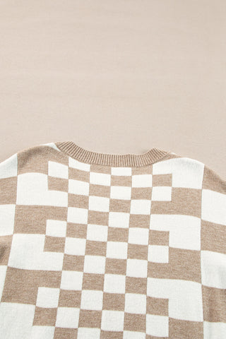 Checkered Drop Shoulder Round Neck Sweater