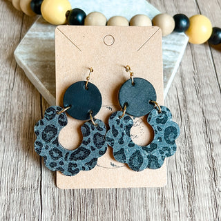 Black Animal Print Scalloped Leather Earrings