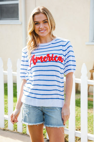 America Proud Blue Striped Embroidered Top