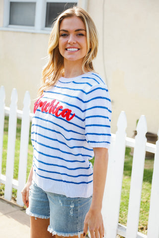 America Proud Blue Striped Embroidered Top