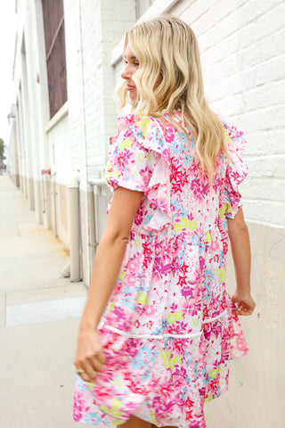 Feeling Femme Pink Floral Print Contrast Binding Babydoll Dress