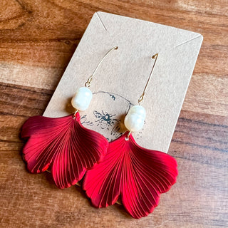 Brittney Red Leaf Pearl Drop Earrings