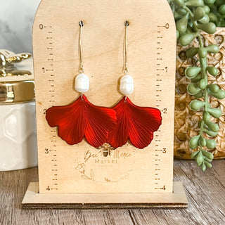 Brittney Red Leaf Pearl Drop Earrings