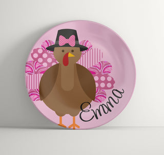 Personalized Pink Turkey Plate - Thanksgiving Tableware - Kids Table
