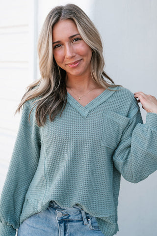 Eden Raw Edge Detail Waffle Knit V Neck Top - Gold Cactus