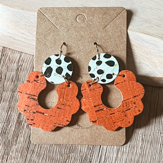 Burnt Orange Dalmatian Print Scalloped Leather Earrings