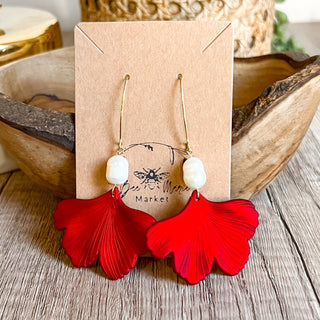 Brittney Red Leaf Pearl Drop Earrings