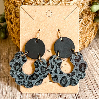 Black Animal Print Scalloped Leather Earrings