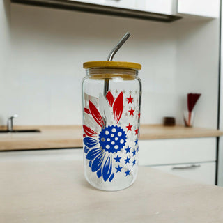 4th of July Glass Cup with Bamboo Lid