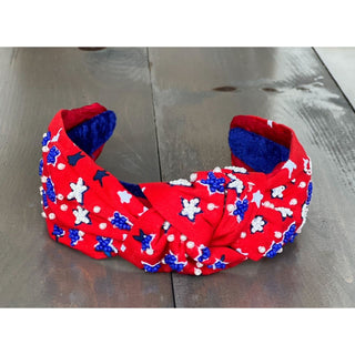 Patriotic Red Seed Beaded Star Top Knot Headband 4th of July
