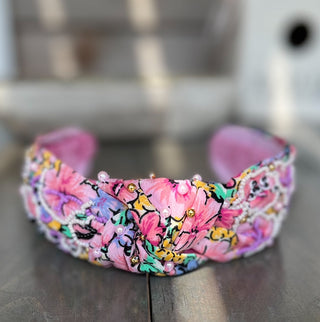 Purple and Pink Floral Seed Beaded Top Knot Handmade Headband