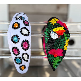 Bright Leopard Top Knot Seed Beaded Headband