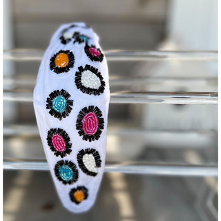 Bright Leopard Top Knot Seed Beaded Headband
