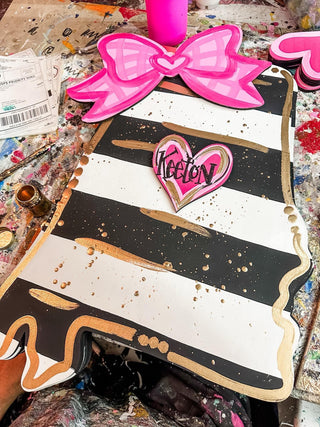 Personalized State Door Hanger – Hand-Painted with Stripes, Bow & Heart