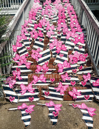 Personalized State Door Hanger – Hand-Painted with Stripes, Bow & Heart