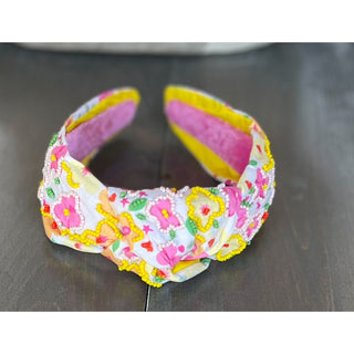 Yellow and Pink Poppies Seed Beaded Top Knot Headband