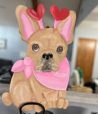 Adorable Frenchie Valentine’s Door Hanger, French Bulldog Hand Painted Wood Sign