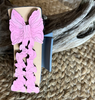 Hand-Painted Pink Bow Wood Hair Claw