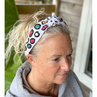 Bright Leopard Top Knot Seed Beaded Headband