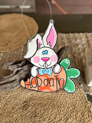 Hand-Painted "Hop On In" Bunny & Carrot Door Hanger – Whimsical Easter Decor