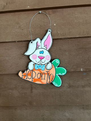 Hand-Painted "Hop On In" Bunny & Carrot Door Hanger – Whimsical Easter Decor