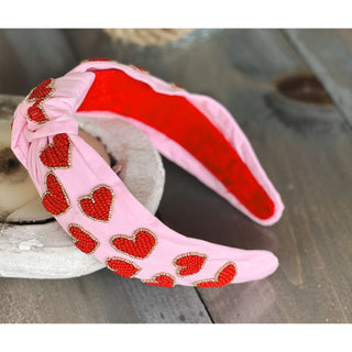 Valentine's Day Seed Beaded Hearts Top Knot Pink Headband - OBX Prep