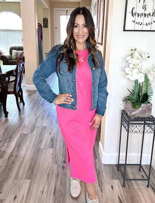 Round Neck Short Sleeve Midi Dress | S-XL