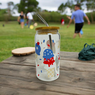 Fourth of July Glass Cup with Bamboo Lid