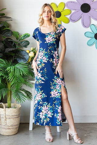 Full Size Floral Short Sleeve Slit Dress