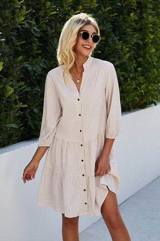 Button Front Vneck Tiered Dress