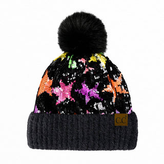 CC Kids Neon Star Sequin Faux Fur Pom Beanie - Truly Contagious