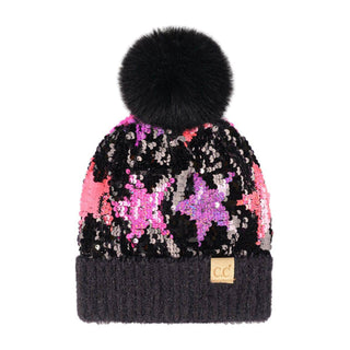 CC Kids Neon Star Sequin Faux Fur Pom Beanie - Truly Contagious