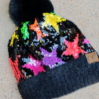 CC Kids Neon Star Sequin Faux Fur Pom Beanie - Truly Contagious