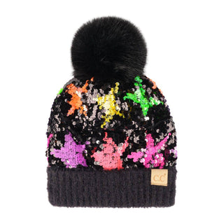 CC Kids Neon Star Sequin Faux Fur Pom Beanie - Truly Contagious