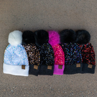 CC Sequin Fur Pom Beanie | Adult and Kid Sizes - Truly Contagious