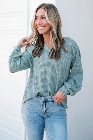 Eden Raw Edge Detail Waffle Knit V Neck Top - Gold Cactus