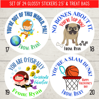 Personalized Kids Holiday / Valentines Day Party Stickers & Treat Bags