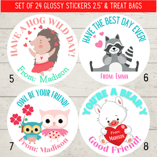 Personalized Kids Holiday / Valentines Day Party Stickers & Treat Bags