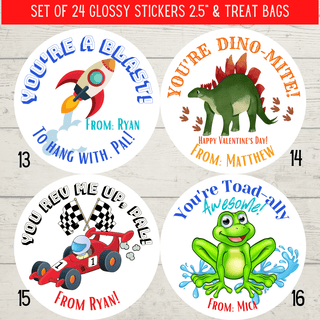 Personalized Kids Holiday / Valentines Day Party Stickers & Treat Bags