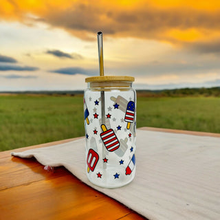 4th of July Glass Cup with Bamboo Lid