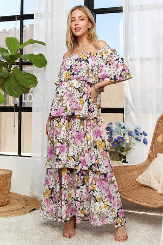 Layered Floral Off-Shoulder Short Sleeve Maxi Dress - Wildflower Hippies
