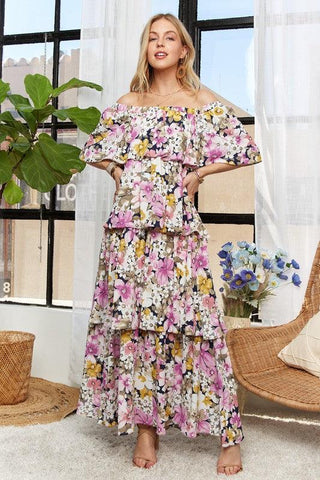 Layered Floral Off-Shoulder Short Sleeve Maxi Dress - Wildflower Hippies