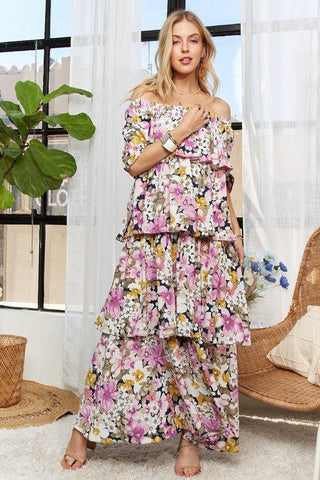 Layered Floral Off-Shoulder Short Sleeve Maxi Dress - Wildflower Hippies