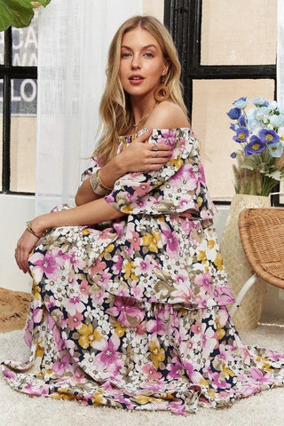 Layered Floral Off-Shoulder Short Sleeve Maxi Dress - Wildflower Hippies