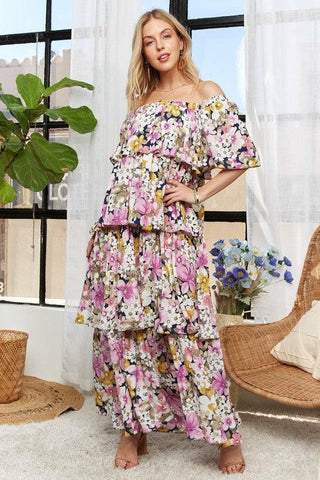 Layered Floral Off-Shoulder Short Sleeve Maxi Dress - Wildflower Hippies
