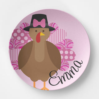 Personalized Pink Turkey Plate - Thanksgiving Tableware - Kids Table